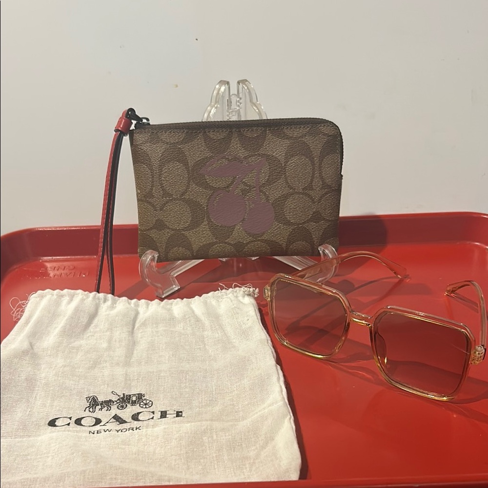 Coach Brown Cherry Wristlet with Coach Dustbag & Fashion tan Sunglasses